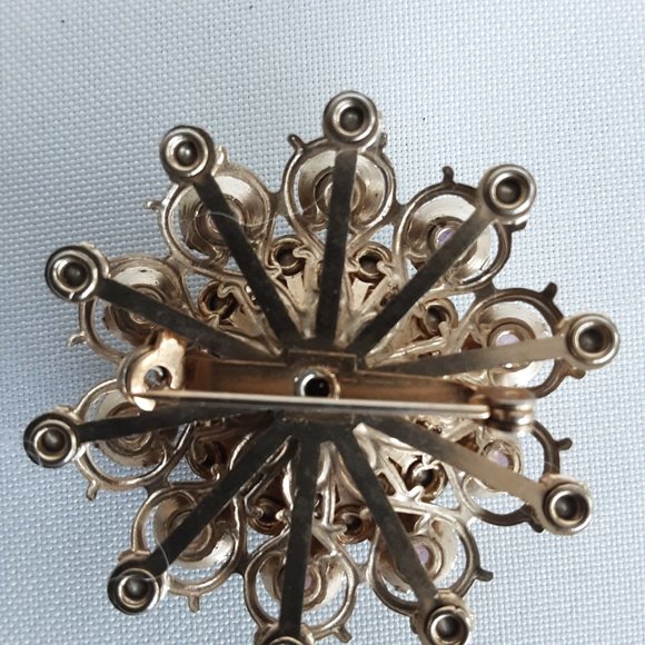 Pink Gold Tone Aurora Borealis Rhinestone Brooch Costume Jewelry - Picture 2 of 4